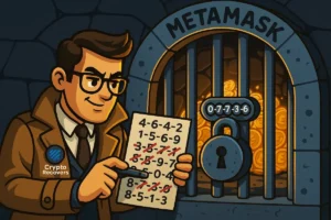 Detective character from Crypto Recovers unlocking a MetaMask vault after the user forgot their MetaMask password, holding a sheet of crossed-out codes in front of a locked vault with glowing crypto coins.